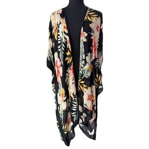 Floral Kimono Cover Up Womens OS Sheer Black Tropical Bohemian Resort Vacation